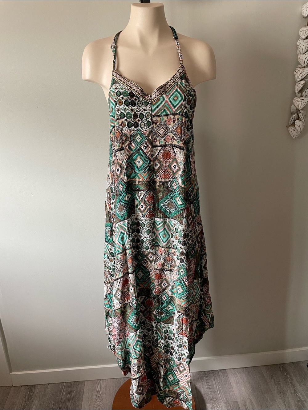 Boho High Low Maxi Dress Racerback Woven Geometric Aztec Earthy Festival